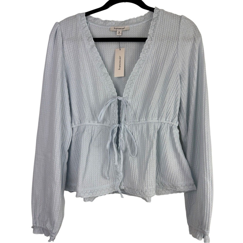 Francescas Light Blue Waffle Knit Peplum Top Tie Front Thermal Medium NWT